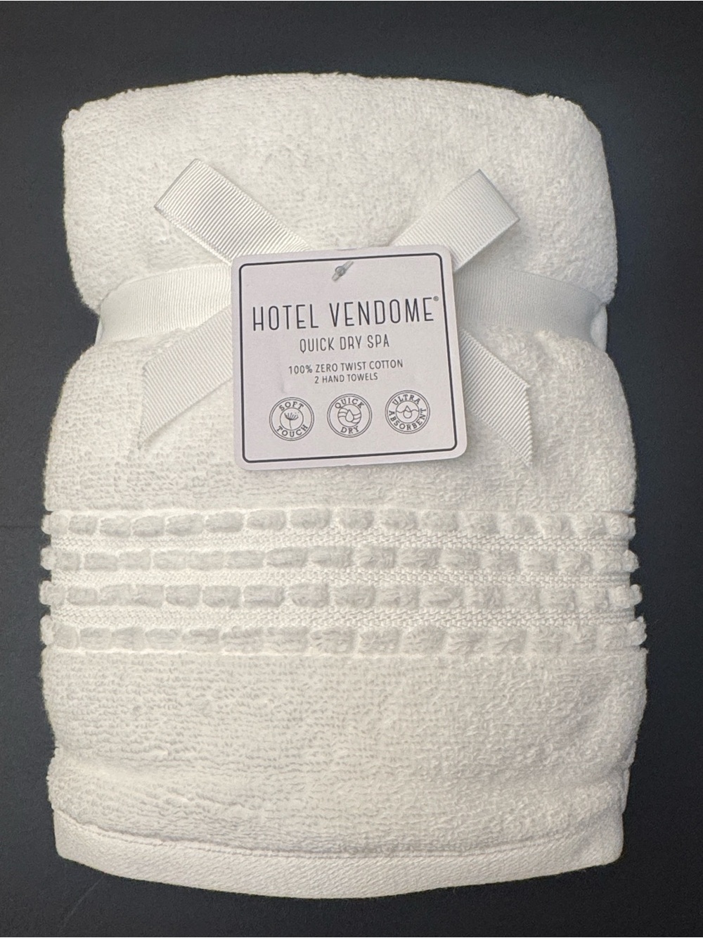 2pc HOTEL VENDOME Quick Dry Spa Zero Twist Cotton Hand Towel Set - White/White
